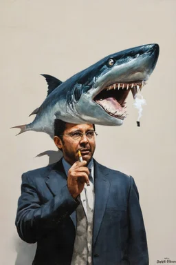 man with catfish shark head smoking a cigarrette in the style of banksy