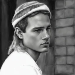 dibujo en grafito hiper realista de joven varon hermoso adolecente, mirada seria tres cuartos perfil