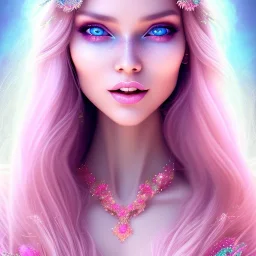 beautiful, soft, big smile face, whole head, long straight blonde hair blues eyes, crown on the head, clothing in transparent bluish and pink veil, background brillante bluish and pink, hight definition, 8K