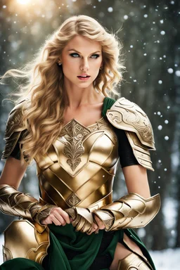 Photography fantasy art,beautiful Taylor Swift as a woman valkyrie,beautiful woman, golden armour, snow background, green eyes,