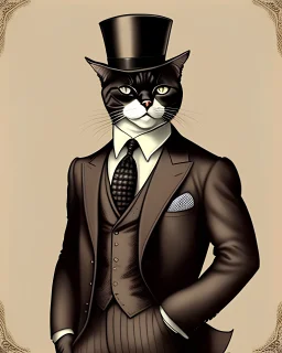 cat dressed in a suit of the thirties, gangster clothes are put on the cat, vintage style