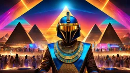 (egyptian futuristic pharoah|daft punk) as dj's burning man festival, photorealistic, highly detailed, crowd in background, colourfull, by Annie Lebovitz, wallpapper style, trending in artgem, artstation, deviantart masterpiece, neon lighted pyramids, night, high contrast, led lights in background, Style-Psycho, <lora:add_detail:1> <lora:epiNoiseoffset_v2:1>