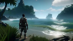 A survivor man on sea shore of an Island, graphics quality unreal engine