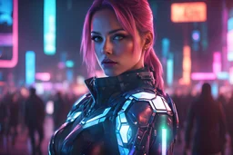 portrait realistic cyber Russian girl half dressed appealing, nightlife costume, she is looking at her holographic watch, futuristic uplifting mood and motivation theme, science fiction, spectacular landscape spring season in cyberpunk city, incredibly beautiful in the cyber-city street, stunning intricate meticulously detailed dramatic digital illustration volumetric lighting, 200 megapixels 8K resolution, back-lit soft lights, photo-realistic arts, realistic photography, neon colo