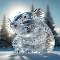 ICE sculpture representing a finely chiseled alien hamster, hyperdetailed dynamic lighting intricately detailed morning sunlight shiny bright sparkling sparkling beautiful winter landscape background, ice sculpture, expansive, grand, impossible magnificence, 3d octane render, opulent detail, rule of thirds