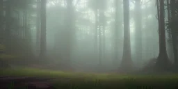 Deep forest with tall trees, misty, light rays, day time, flowers