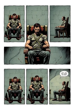 a page divided into 6 rectangular panels, each with different views of a man strapped to a chair and being interrogated, suspenseful torture graphic novel, comic book