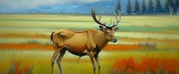 an Elk in a prairie field, oil painting