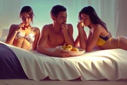 Digital painting of dad and two beautiful young teenage girl in a swimsuit on a bed. eating a banana. with dad, artstation, 8k, extremely detailed, ornate, cinematic lighting, vivid.