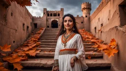 Hyper Realistic Photographic zoomed view Of a Beautiful Young Pashto Woman with Beautiful Eyes in White Dress Smiling & Standing on the Wide-angle-Beautiful-Staircase Of A Huge-Abandoned-Dark-&-Detailed-Crafted-Rajasthani-Fort In An Autumn Season with dried Orange Leaves on the land with dark cloudy-moonlight behind the fort showing dramatic & cinematic ambiance.