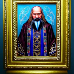 portrait painting of a wizard, ultra highly detailed, intricate details, shiny, pipe smoke, metallic, robes, embroidery, runes