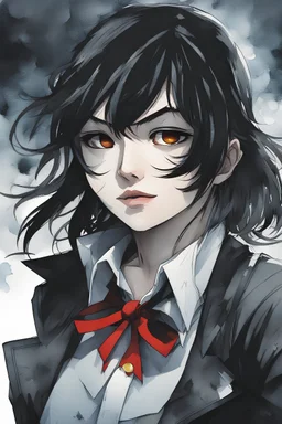 Ryuko Matoi from Kill la Kill wearing a black schoolgirl uniform. A soft-focus image of the silver moonrise casting a cool glow, create in inkwash and watercolor, in the comic book art style of Mike Mignola, Bill Sienkiewicz and Jean Giraud Moebius, highly detailed, gritty textures,