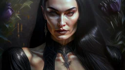 Stunningly gorgeous femme fatale as mortiça addams, full body portrait, perfect face, beautiful eyes, black dress, ring light, Black lipstick, hyper realist, hyper detailed, intricated, realistic shading, unreal engine, octane, final fantasy, karol bak, greg rutkowski, rossdraws, artgerm, wlop, vallejo