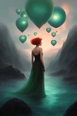 3D Bubbles, Floating hearts with an electrical current, fog, clouds, somber, ghostly mountain peaks, a flowing river of volcanic Lava, fireflies, a totally gorgeous woman with short, buzz-cut, pixie-cut red hair tapered on the sides, green eyes, wearing a black, sinister, mermaid dress