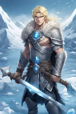 1 anime man. warrior, with blue eyes and blonde hair man in silver Viking armor with fur around the neck with blue crystal on his chest, standing in water in the artic, holding a ice axe, warrior in, anime style