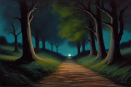 Trees, night, pathway, 2000's scifi movoes influence, ernest welvaert impressionism painting