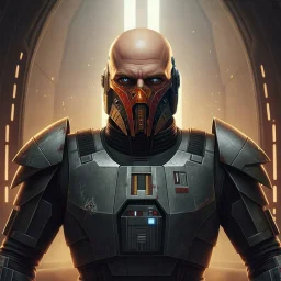 star wars bald male corellian jedi wearing gunmetal grey and black old republic armored flightsuit and breath mask with gold and metallic red trim inside the jedi temple, centered head and shoulders portrait, hyperdetailed, dynamic lighting, hyperdetailed background, 8k resolution, volumetric lighting, light skin, fully symmetric details