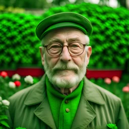 Un retrato de un anciano con un sobretodo verde , boina y lentes de marco grueso en un jardín de rosas