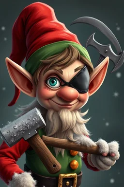 Christmas elf with an eye patch wielding a hammer and sickle