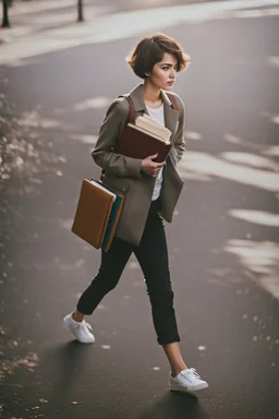 portrait pint of color photo of a student girl 22 years old ,short hair with her books in her hand walking in street,next to trees.close up