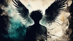old worn postcard, Portrait Light and darkness in one person, angel and demon in one person, abstract art additional colors small details,