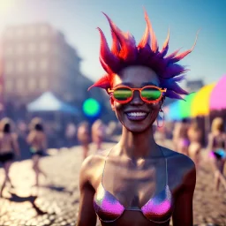 Ultra Realistic photo, medium shot view, drunken dancer bikini woman, carnival scene, monster hair, steampunk. Red hair, confeti, Sunglasses, smile, happy, festival. ovni, alien, gradient color fog. highly detailed, concept art, unreal engine 5, ray tracing, RTX, lumen lighting, ultra detail, volumetric lighting, 3d, finely drawn, high definition, high resolution.