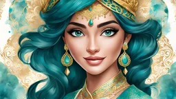 An (inkpunk:2.5) style portrait of (Disney’s Jasmine:1.3), adorned in her iconic teal outfit, accentuated with intricate gold patterns. Her expressive eyes and serene smile are captured in detail. The (watercolor wash:1.7) adds a dreamy aura, with splashes of teal and gold, reflecting her royal lineage and adventurous spirit. The artwork embodies the fusion of traditional inkpunk aesthetics with the enchanting world of Disney. (bold ink lines:1.1). (bold outlines:1.1). Professional quality.