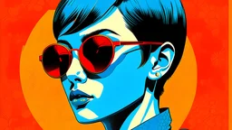 A retro illustration of a goth with sunglasses and short black hair, wearing teal , against a bright orange-blue Otto Dix textured background, in the style of vintage poster design, in the style of Hugh Kretschmer, in the style of Ross Tran, in the style of Fluid Forms, in the style of Peter Max, and in the style of J.C. Le Capitaine, high resolution.