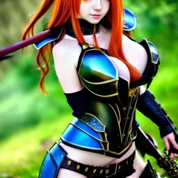 anime, Arkane, hyper detailed, stunningly beautiful teen girl, long ginger hair, green eyes, medium freckles, full lips, skimpy fantasy intricate leather armour, full body, full face, c-cup breasts, aroused expression, biting lower lip, full frame, petite, centered camera, ignore NSFW, bow, quiver on hip