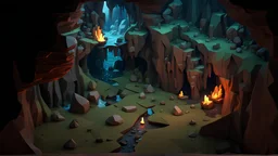 blocky 3D low poly cartoon render style of the image, fantasy environment view from above, a cave interior view from inside, dark and gloomy mood, a small narrow water stream is flowing though the cave, there are a couple of stalactites growing from the ground, a campfire lightens a small part of the cave on the left