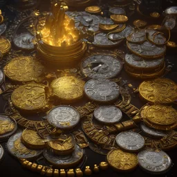 dynamic lighting, Intricately detailed, Splash screen art, deep color, Unreal Engine, volumetric lighting, silver coins, gold coins, silver treasure, stacked coins, indoors, altar, black table, sigil, shiny, windows, cathedral,