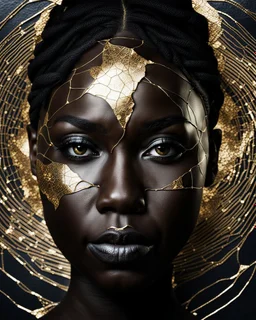 a beautiful black woman face made of kintsugi seam