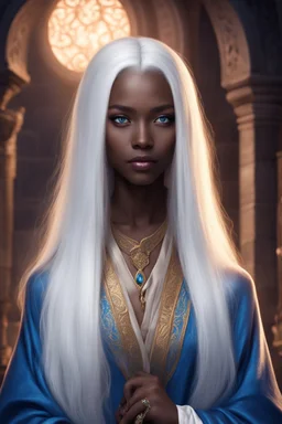 young sorceress with dark skin, blue eyes, long straight white hair, dressed in an aristocratic robe. with serene face