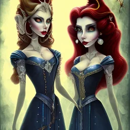 extrem tim burton style of the evil stepsisters, sharp focus, beautiful eyes