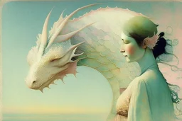 dragon and woman, soft rounded edges, gentle, serene, magical, pastel colours, dynamic lighting, a masterpiece, surreal, Catrin Welz Stein style in sunshine