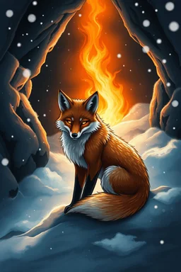 nyx as a fox living under the snow in a dark cave lit with fire, anime, airbrush with pen outline