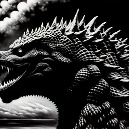 Portrait black and white ink and pencil of 'Godzilla',painting by Arthur Adams,Earl Norem,Caravaggio,simon Bisley,frazetta,Howard,西嘛哒, evan lee, Vallejo,kelly , cinematic composition, extreme detail,fit full body inside picture,8k