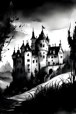 Watercolor black and white far away castle with a dark room little light lock room on the right