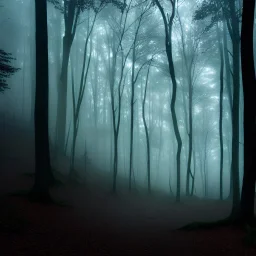 spooky forest, 4k, 8k, highly detailed, cinematic, ultra photorealistic, volumetric lighting, sharp details, mist, trees, depth of field, sun shafts, sunset, wide view