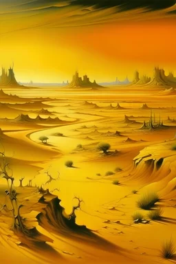 A golden dry desert painted by Salvador Dali