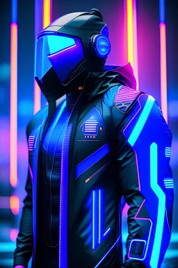 cyberpunk, neon blue, high technology, geometric figures, orbiting figures, cyberpunk suit, black and blue, epic, rain, neon blue suit, geometric figures orbiting around suit, exosuit, male