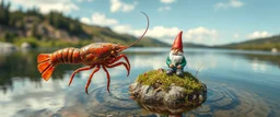 airbrush rendering, close up lobster and gnome on small island in lake, pinhole cam