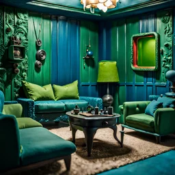 Detailed cozy living-room made of modeling clay, odd furnitures, naïve, strong texture, TV studio 1950's shot, extreme detail, Max Ernst, green and blue moody colors, sparkles, Yves Tanguy, odd