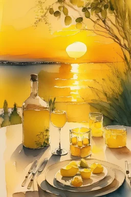 aquarelle dessin sur le thème limoncello Sunset; pour une table aux tons chauds et avec des fleurs jaunes