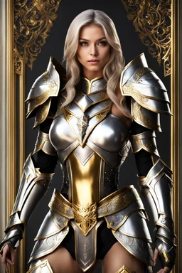 Beautiful super model pretty girl suit mighty paladin stands tall, adorned in gleaming silver armor with intricate gold engravings. The armor is both regal and functional, providing protection while exuding an aura of righteousness.Style: close up photography