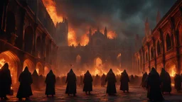 a demon of fire and shadows leading an army of the dead through a burning medieval city. the apocalypse. empty hands. blood. magic in the sky. fantasy setting. intense horror. blind terror. scared to death. a masterpiece, fantasy concept art, dynamic lighting, hyperdetailed, intricately detailed, deep color, Unreal Engine, volumetric lighting, Epic cinematic brilliant stunning intricate meticulously detailed dramatic atmospheric maximalist digital matte painting