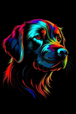 a cute dog, vivid colors, crisp line art , black background , aspect ratio = 2:3