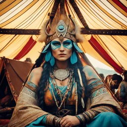 (art by Mil Mascaras and Alphonse Mucha) viking woman chill in a tribal tent (vintage style noisy scratches glitches, Shot the texture and then rewound the film and double exposed from a 1970 B series movie)