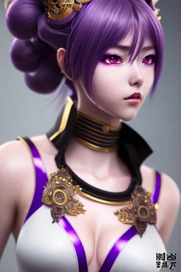 Detailed cute anime Kunoichi girl, purple hair buns, purple bangs, black latex bodysuit, intricate details, full body portrait, keep head in frame, slight smile, black Japanese motif, concept art, highly detailed, digital painting, concept art, sharp focus, illustration, art by Yoji Shinkawa, WLOP and greg rutkowski and alphonse mucha and artgerm and yanjun Chen and Junji ito and Makoto Shinkai, HDR, octane render