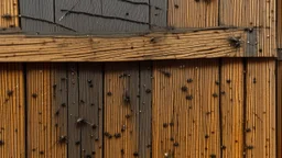 Fragmento de tablones superpuestos deformados por la humedad, clavos como pequeñas estrellas oscuras; una araña teje su red entre dos grietas